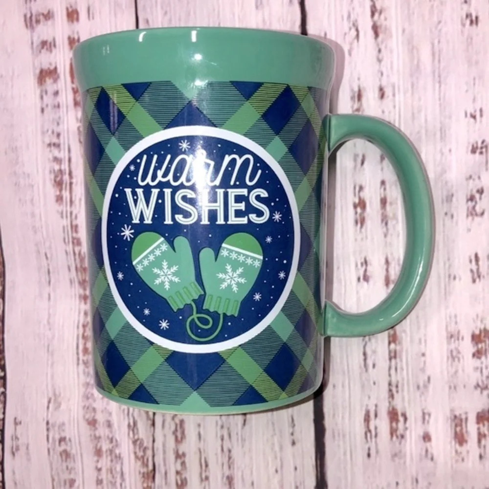 Warm Wishes Christmas green plaid coffee mug